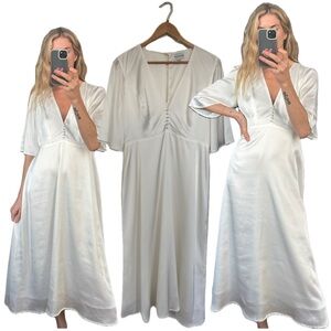 Park and Fifth White Satin Bridal Boho Midi Pearl Button Bell Sleeve Dress